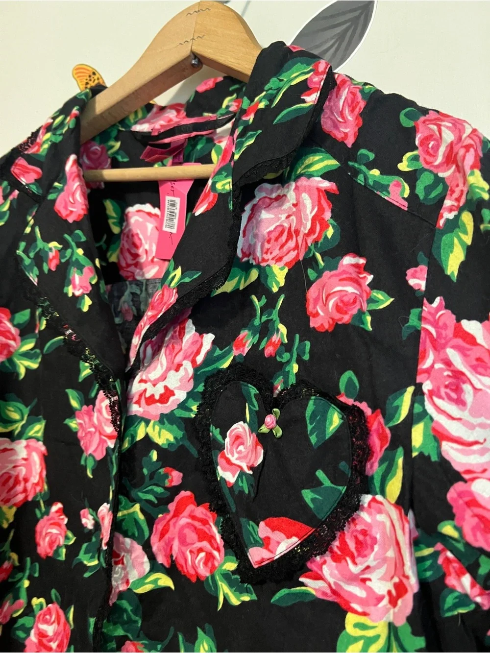 Betsey Johnson Flannel Pajama Top with Heart Pocket & Pink Rose Print